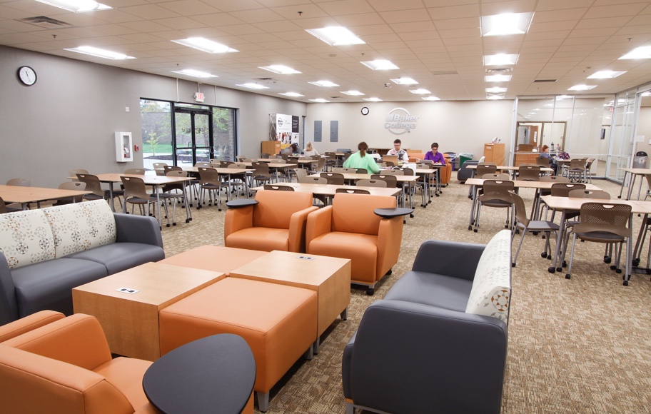 Jackson campus Student Center with students studying in the background.